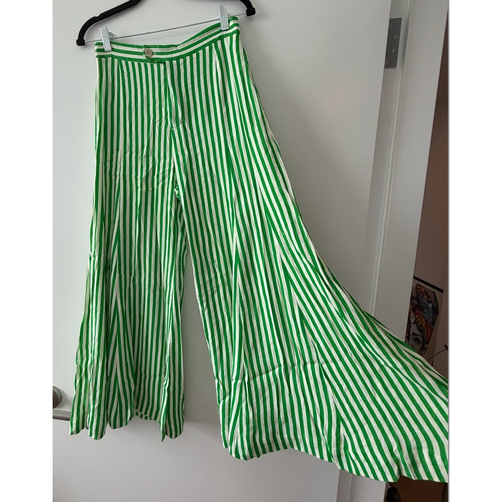 Anthropologie Green White Striped Wide Leg Pants High Waist Size 2